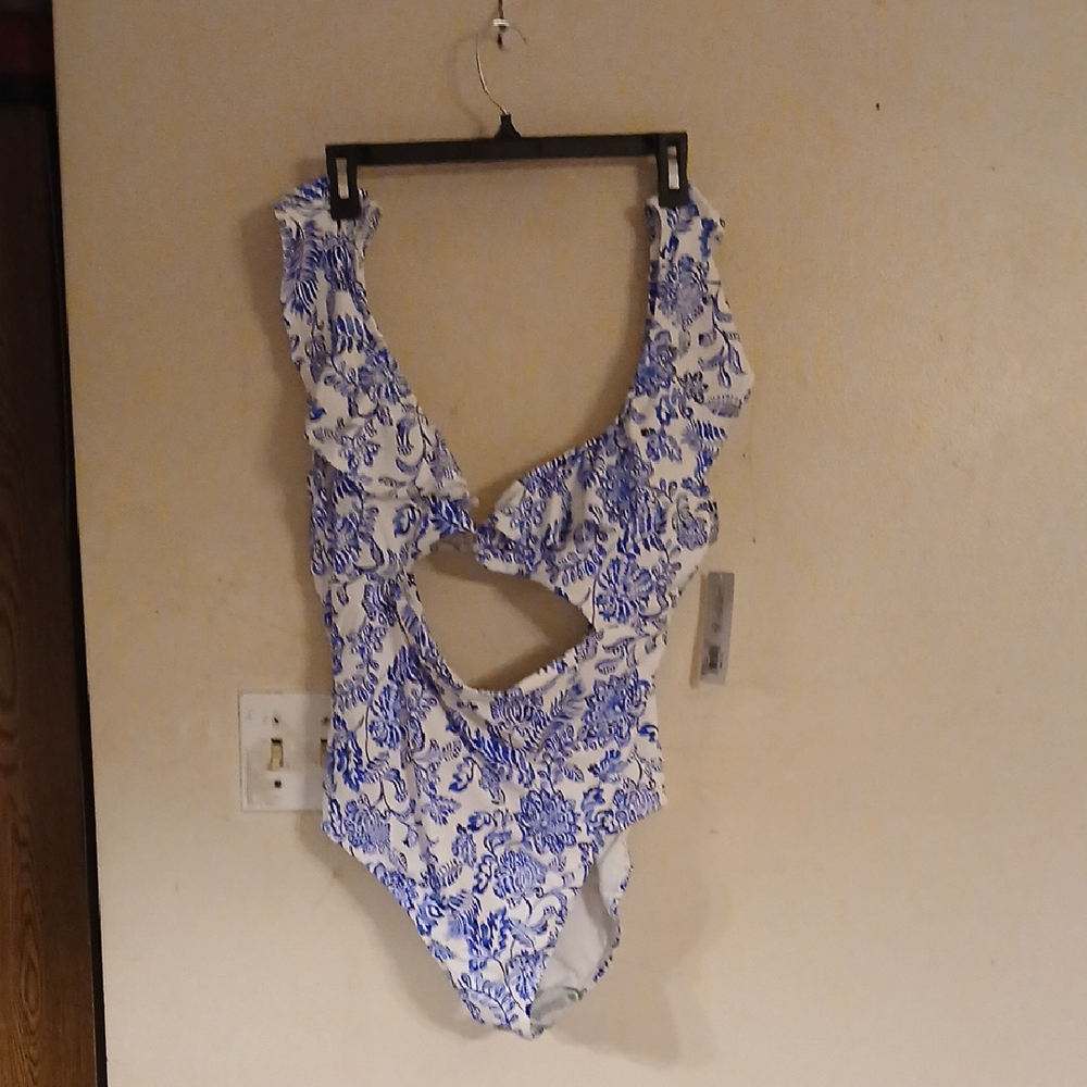 Blue and White Floral Cutout Swimsuit NWT..retail 48.